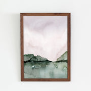 Kanademonoのベージュ×モスグリーンで描いた水彩抽象画アートA1＋ブラウンウッドフレーム