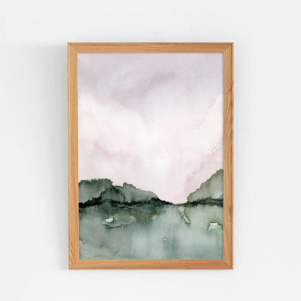 Kanademonoのベージュ×モスグリーンで描いた水彩抽象画アートA1＋ナチュラルウッドフレーム