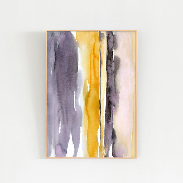 Kanademonoのグレー×暖色カラーをストライプ状に描いた水彩抽象画A1＋ゴールドフレーム