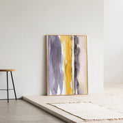 Kanademonoのグレー×暖色カラーをストライプ状に描いた水彩抽象画A1＋ゴールドフレーム（エントランス使用例）