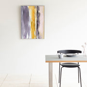 Kanademonoのグレー×暖色カラーをストライプ状に描いた水彩抽象画A１＋シルバーフレーム（ダイニング使用例）