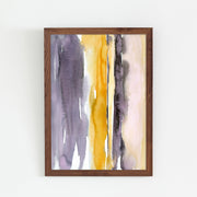 Kanademonoのグレー×暖色カラーをストライプ状に描いた水彩抽象画A１＋ブラウンウッドフレーム