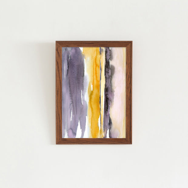 Kanademonoのグレー×暖色カラーをストライプ状に描いた水彩抽象画A２＋ブラウンウッドフレーム