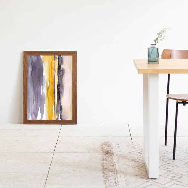 Kanademonoのグレー×暖色カラーをストライプ状に描いた水彩抽象画A２＋ブラウンウッドフレーム（ダイニング使用例）