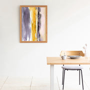 Kanademonoのグレー×暖色カラーをストライプ状に描いた水彩抽象画A1＋ナチュラルウッドフレーム（ダイニング使用例）