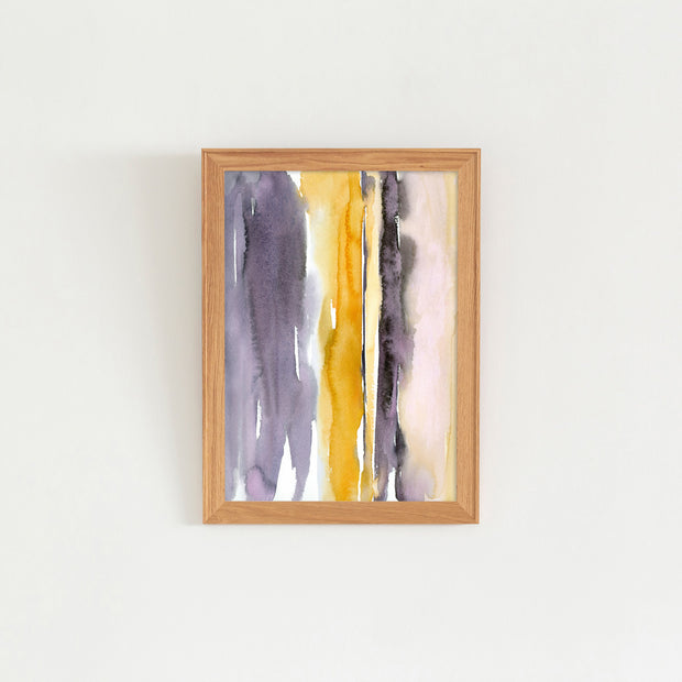 Kanademonoのグレー×暖色カラーをストライプ状に描いた水彩抽象画A２＋ナチュラルウッドフレーム