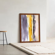 Kanademonoのグレー×暖色カラーをストライプ状に描いた水彩抽象画A１＋ブラウンウッドフレーム（エントランス使用例）