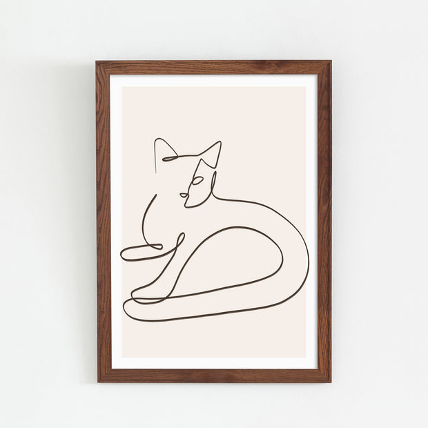 KANADEMONOの猫をモチーフにしたモダンなドローイングアートA１＋木製ブラウンレーム