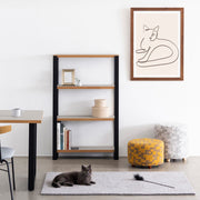 KANADEMONOの猫をモチーフにしたモダンなドローイングアートA１＋木製ブラウンレーム（コーディネートイメージ）