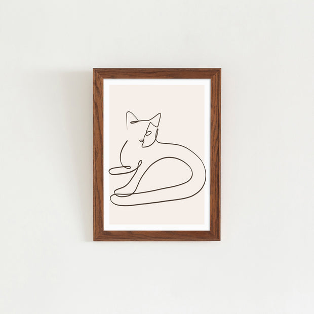 KANADEMONOの猫をモチーフにしたモダンなドローイングアートA２＋木製ブラウンフレーム