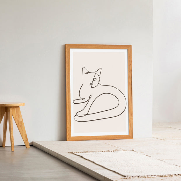 KANADEMONOの猫をモチーフにしたモダンなドローイングアートA１＋木製ナチュラルフレーム（エントランス使用例）