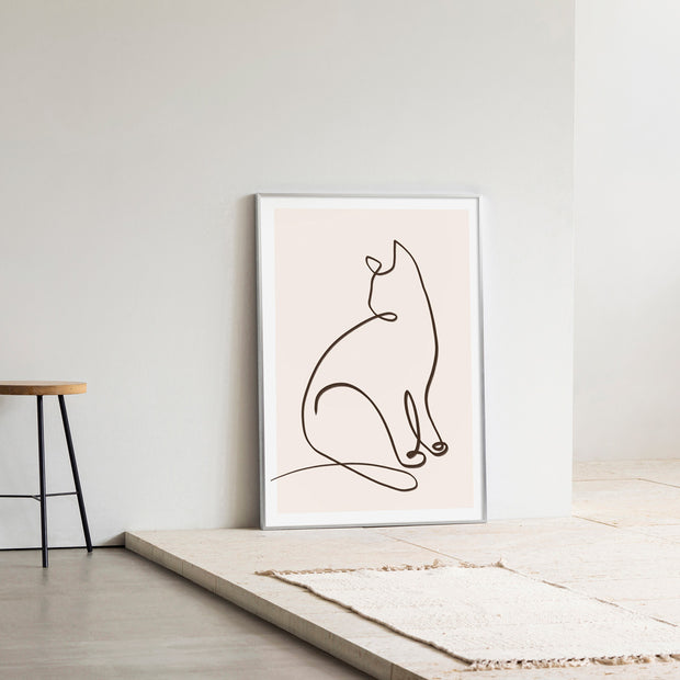 KANADEMONOの猫のおすわりをモチーフにしたモダンなドローイングアートA１＋シルバーフレーム（エントランス使用例）