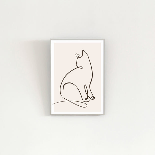 KANADEMONOの猫のおすわりをモチーフにしたモダンなドローイングアートA１＋シルバーフレーム