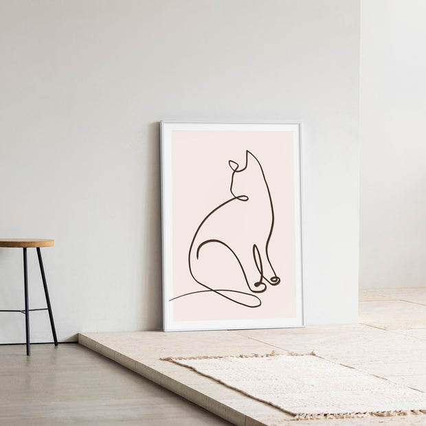 KANADEMONOの猫のおすわりをモチーフにしたモダンなドローイングアートA１＋ホワイトフレーム（エントランス使用例）