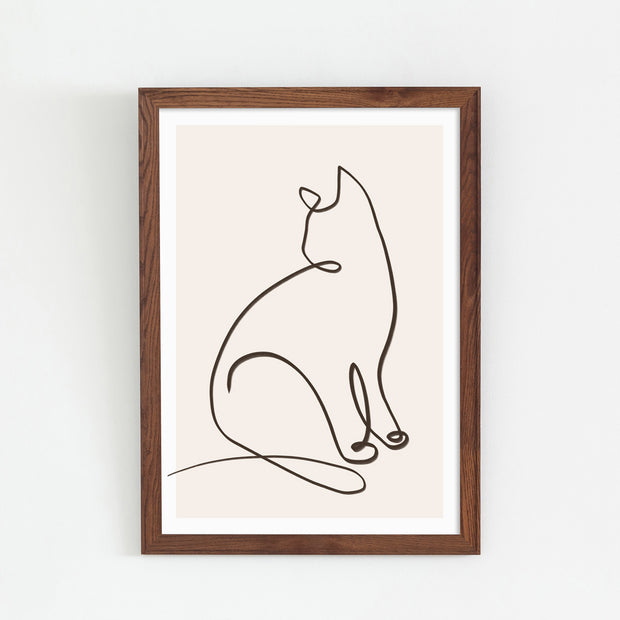 KANADEMONOの猫のおすわりをモチーフにしたモダンなドローイングアートA１＋木製ブラウンフレーム