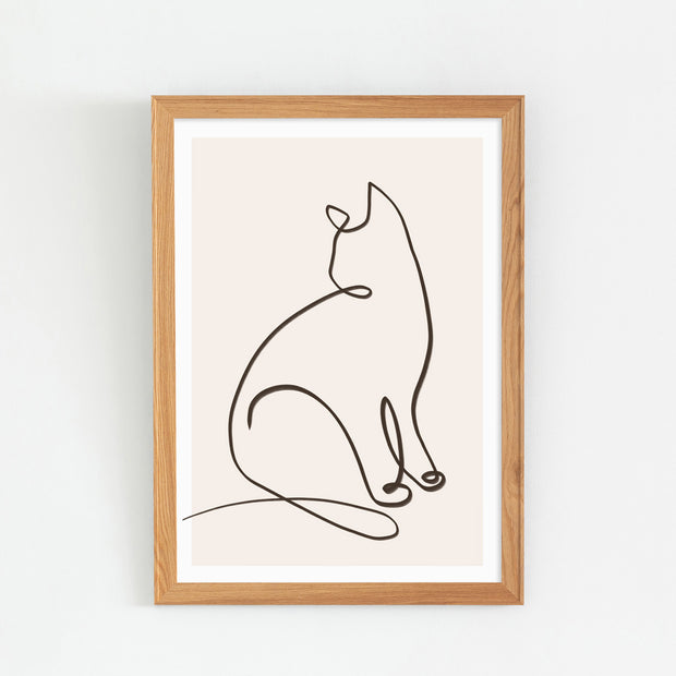 KANADEMONOの猫のおすわりをモチーフにしたモダンなドローイングアートA１＋木製ナチュラルフレーム