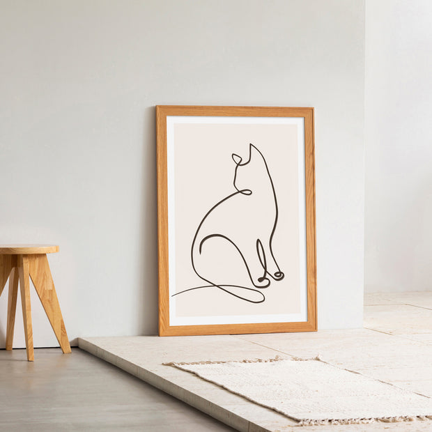 KANADEMONOの猫のおすわりをモチーフにしたモダンなドローイングアートA１＋木製ナチュラルフレーム（エントランス使用例）