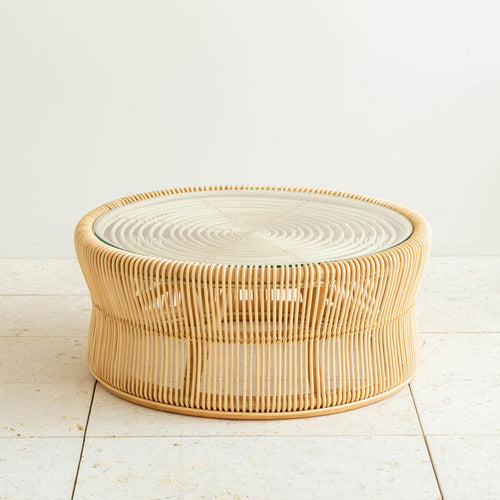 KANADEMONOのラタン　ガラス　ローテーブル KANADEMONOのラタンガラスローテーブル