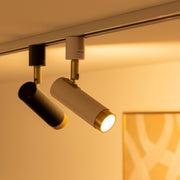 ミニマルなデザインでスマートな機能を搭載したホワイト×ゴールドのスポットライト２灯吊りイメージ（点灯電球色）